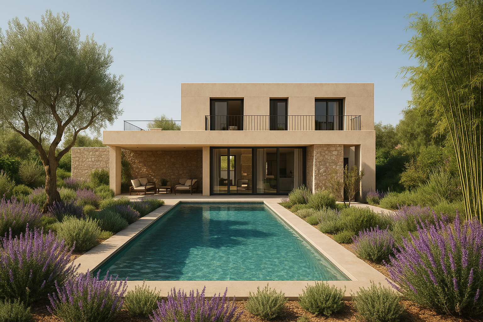Zeitgenössisches Luxuswohnprojekt in Mas Alba mit moderner Architektur und Panoramablick auf die Küste von Sitges